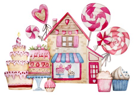 Téléchargez les photos : Clipart d'illustration d'aquarelle dessinée à la main à thème pour le 14 février, avec une boutique de bonbons avec des gâteaux, des gâteaux et des bonbons pour la Saint-Valentin - en image libre de droit
