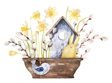 Téléchargez les photos : Aquarelle à la main Birdhouse et jonquilles en pot font un décor de Pâques parfait - en image libre de droit
