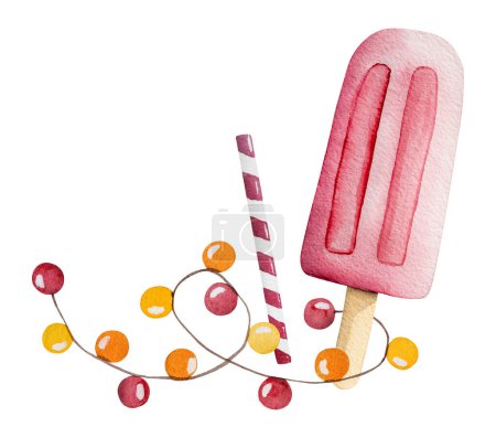 Foto de Imagen dibujada a mano de una ilustración de acuarela temática de verano con helado rosa en un palo decorado con guirnalda Clipart sobre un fondo blanco - Imagen libre de derechos