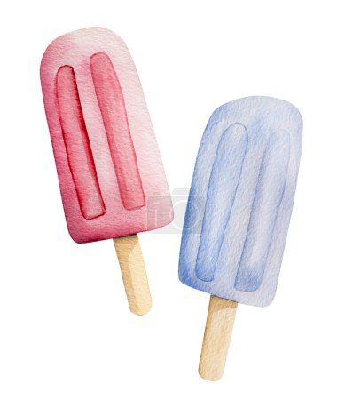 Foto de Acuarela pintada a mano de dos porciones de helado en un clip de verano de palo, rosa y azul - Imagen libre de derechos