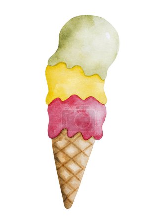 Téléchargez les photos : Aquarelle peinte à la main d'une crème glacée de trois couleurs dans une tasse représente Clipart été - en image libre de droit