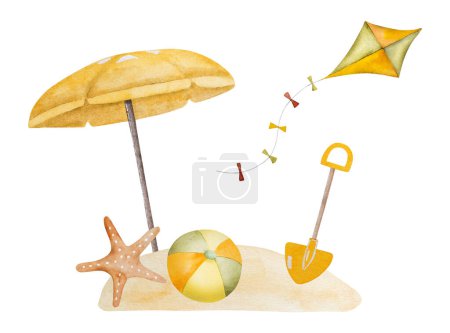 Téléchargez les photos : Clipart d'été aquarelle peinte à la main Caractéristiques Parapluie de plage, pelle de sable, balle et cerf-volant - en image libre de droit