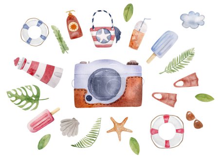 Photo for Hand-Painted Watercolor Set Of Images Includes Beach Bag, Flippers, Camera, Cocktail, And Other Summer Clipart - Royalty Free Image