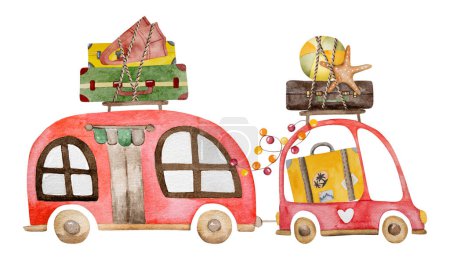 Foto de La acuarela pintada a mano representa un coche y una casa móvil que se dirige de vacaciones con maletas en el techo, perfecto para el verano Clipart - Imagen libre de derechos