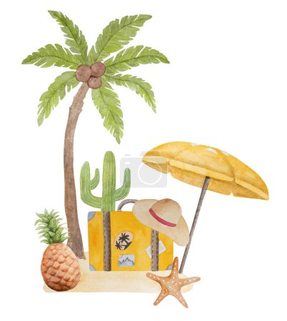 Téléchargez les photos : Clipart d'été aquarelle peinte à la main dispose d'une île avec un palmier, une valise jaune et un parapluie de plage - en image libre de droit