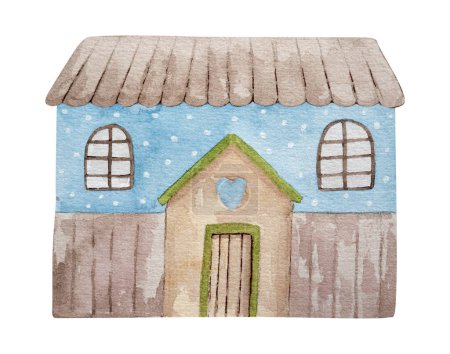 Téléchargez les photos : Illustration d'aquarelle dessinée à la main représente la maison bleue mignonne avec coeur au-dessus de l'entrée - en image libre de droit