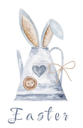Téléchargez les photos : Carte postale de Pâques avec arrosoir, boucle de lapin et texte aquarelle art. Mignon aquarelle printemps vacances peinture - en image libre de droit
