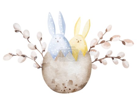 Téléchargez les photos : Lapin et saule de Pâques dans la peinture à l'aquarelle oeuf pour les fêtes chrétiennes. Symole de célébration de religion de printemps pour la conception de carte postale - en image libre de droit