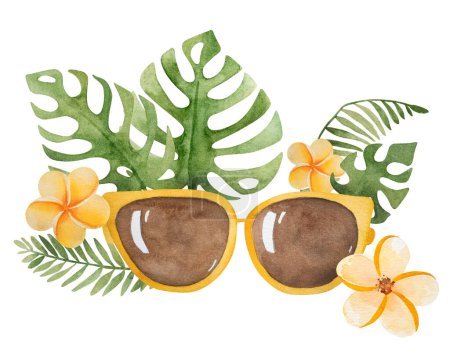 Téléchargez les photos : Illustration dessinée à la main d'un thème de vacances comportant des lunettes de soleil avec feuilles tropicales et fleurs Clipart sur un fond blanc - en image libre de droit