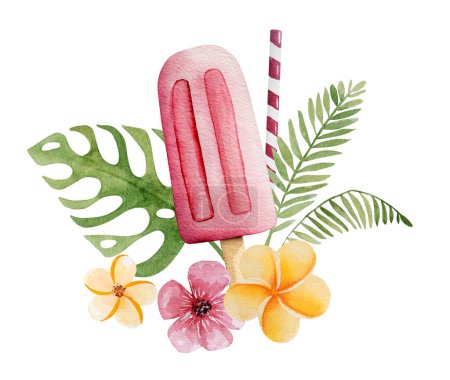 Téléchargez les photos : Illustration dessinée à la main de crème glacée rose sur un bâton avec des fleurs et des feuilles tropicales, un Clipart d'aquarelle à thème été sur un fond blanc - en image libre de droit