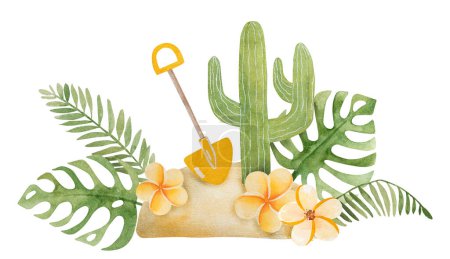Téléchargez les photos : Illustration dessinée à la main d'une scène d'été avec du sable, une pelle, un cactus et des fleurs tropicales et des feuilles clipart sur fond blanc - en image libre de droit