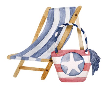Foto de Características de la ilustración de acuarela dibujada a mano Bolsa de playa y silla de salón de playa Summer Clipart - Imagen libre de derechos