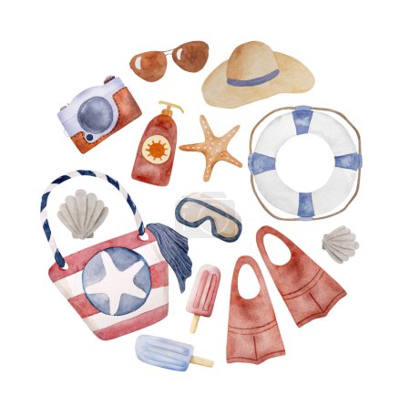 Photo for Hand-Painted Watercolor Set Of Circular Images Includes Beach Bag, Flippers, Camera, Cocktail, And Other Summer Clipart - Royalty Free Image