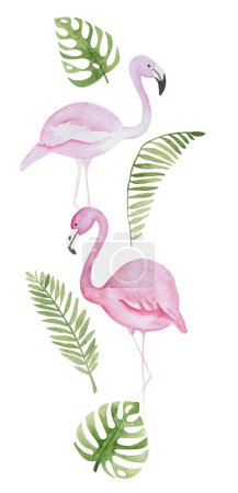 Téléchargez les photos : Composition aquarelle peinte à la main de flamants roses et feuilles tropicales rend Clipart parfait été - en image libre de droit