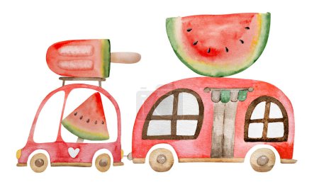 Téléchargez les photos : Aquarelle peinte à la main d'une camionnette et d'une maison mobile conduisant avec des pastèques et de la crème glacée à la pastèque sur le toit, un clipart d'été - en image libre de droit