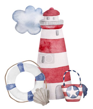 Téléchargez les photos : Aquarelle peinte à la main d'un phare et bouée de sauvetage fait pour clipart parfait été - en image libre de droit