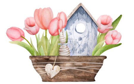 Foto de Acuarela hecha a mano Birdhouse y tulipanes en una olla simbolizan la Pascua y la primavera - Imagen libre de derechos