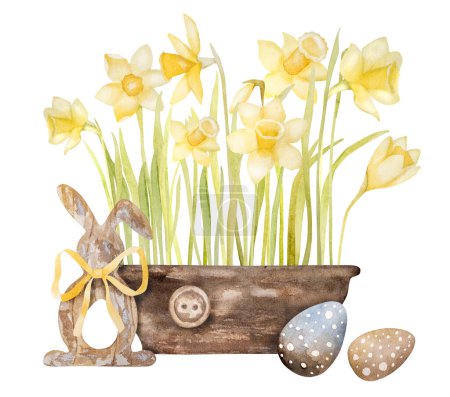 Téléchargez les photos : Illustration aquarelle Caractéristiques jaunes jonquilles dans un pot, oeufs de Pâques et un décor de lapin de Pâques en bois - en image libre de droit