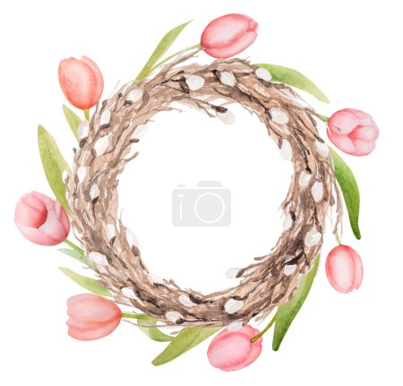 Photo for Handmade Watercolor Wreath Of Willow And Tulips For Easter - Royalty Free Image