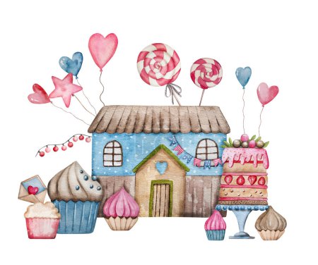Téléchargez les photos : Illustration aquarelle dessinée à la main Caractéristiques mignonne maison bleue avec des gâteaux, des gâteaux et des bonbons autour pour la Saint-Valentin - Illustration Clipart - en image libre de droit