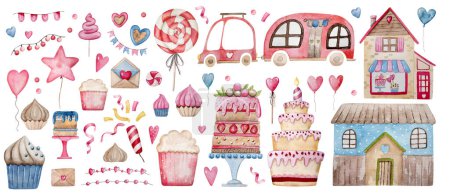 Foto de San Valentín Clipart Set incluye regalos, corazones, dulces, etc., acuarela dibujada a mano Ilustración - Imagen libre de derechos