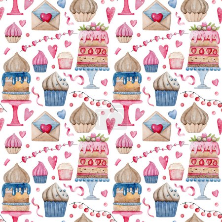 Photo for Hand-Drawn Watercolor Illustration Features A Seamless Pattern For February 14Th With Sweets And Hearts - Royalty Free Image