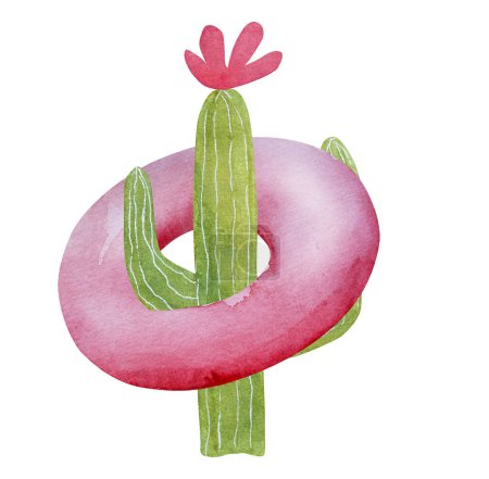 Handgezeichnetes Bild einer sommerlichen Aquarell-Illustration zeigt einen Kaktus mit Schwimmring-Cliparts auf weißem Hintergrund