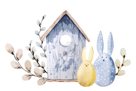 Foto de Birdhouse, Willow, And Decor - Easter Eggs With Rabbit Ears, Hand-Painted With Watercolor, Are An Illustration For Easter - Imagen libre de derechos