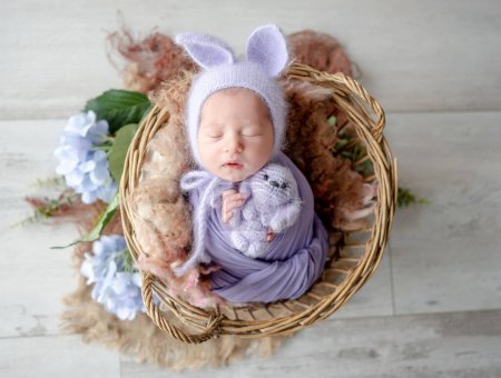 Téléchargez les photos : Fille nouveau-né en costume rose avec jouet chat dort dans un bol en bois en forme de coeur pendant la séance photo néonatale professionnelle - en image libre de droit
