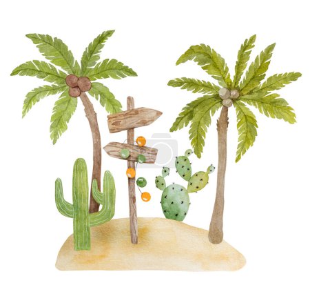 Téléchargez les photos : Image dessinée à la main d'une illustration estivale mettant en vedette du sable, des palmiers, des cactus et un clipart de signe en bois sur un fond blanc - en image libre de droit