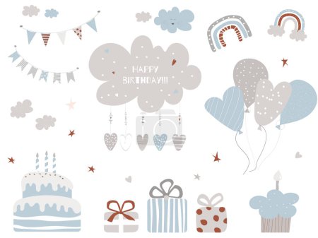 Ilustración de Birthday vector illustration with cake, gift boxes and baloons. Cute decoration paintings for kid child with presents and festive elements - Imagen libre de derechos