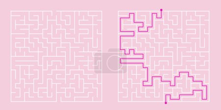 Illustration for Education logic game labyrinth for kids. Find right way. Isolated simple square maze black line on white background. With the solution. Vector illustration. - Royalty Free Image
