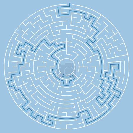 Illustration for Vector circle maze isolated on blue background. Education logic game labyrinth for kids. With the solution. - Royalty Free Image
