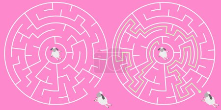 Téléchargez les illustrations : Labyrinthe de cercle vectoriel isolé sur fond rose. Labyrinthe de jeu de logique de l'éducation pour les enfants. Avec la solution. - en licence libre de droit