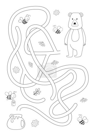 Illustration for Vector maze isolated on white background. Help the bear find a pot of honey. Education logic game labyrinth for kids. With the solution. - Royalty Free Image