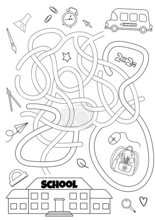 Illustration for Vector maze isolated on white background. Help the school bus get to school. Education logic game labyrinth for kids. With the solution. - Royalty Free Image