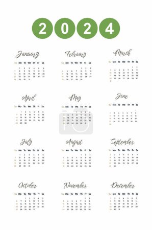 Ilustración de Calendario vectorial para el diseño de 2024 años con gráfico simple para la planificación de oficinas con meses y semanas. Plantilla organizadora diaria anual - Imagen libre de derechos