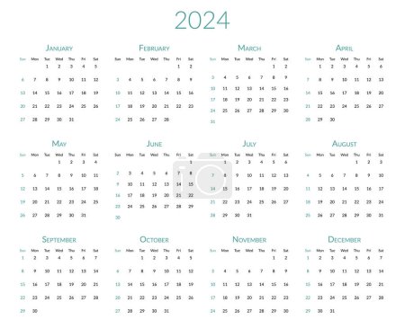 Illustration for 2024 year calendar. The week starts on Sunday. Desk planner template with 12 months. Yearly stationery diary. Vector illustration - Royalty Free Image