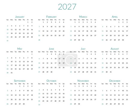 Illustration for 2027 year calendar. The week starts on Sunday. Desk planner template with 12 months. Yearly stationery diary. Vector illustration - Royalty Free Image