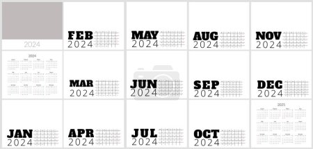 Ilustración de Calendario para el diseño de 2024 años con gráfico simple para la planificación de la oficina con meses y semanas. Plantilla organizadora diaria anual - Imagen libre de derechos