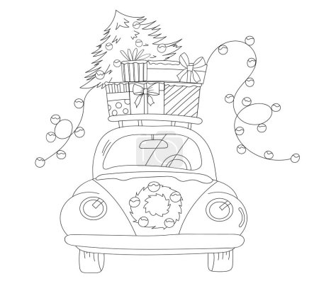 Téléchargez les illustrations : Nouvel An voiture avec des cadeaux sur le toit et un arbre de Noël est une illustration festive pour les enfants à colorer - en licence libre de droit