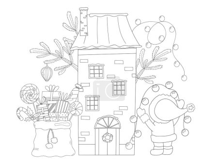 Illustration for Coloring Book Features An Illustration Of A Christmas Gnome Decorating A House With Garland, With A Bag Of Gifts Standing Nearby On The Coloring Page - Royalty Free Image