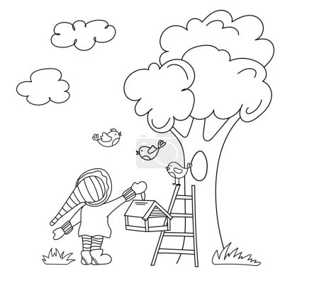 Illustration for Coloring Page For Kids Features A Cheerful Gnome Hanging A Bird Feeder On A Tree, With Birds Flying Around, Perfect For A Coloring Book - Royalty Free Image
