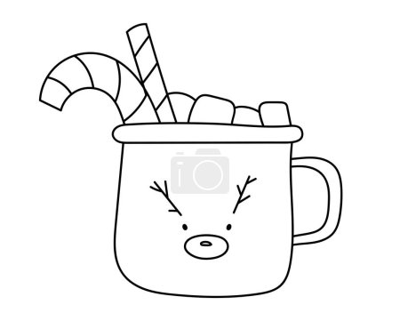 Illustration for Coloring Page For Kids: Christmas Cocoa Cup With Marshmallows And Candies. Cozy Christmas - Royalty Free Image