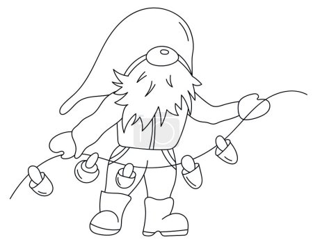 Illustration for Coloring Page For Kids Featuring A Cheerful Gnome Stringing Mushrooms To Dry Them - Royalty Free Image