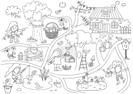 Illustration for Coloring Page For Children With A Gnome City Where One Gnome Fishes, Another Waters Strawberries Making It A Perfect Vector Illustration For ChildrenS Creativity In A Coloring Book - Royalty Free Image