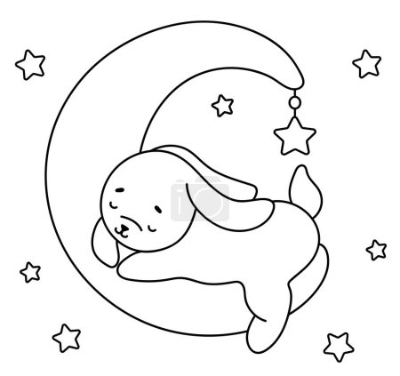 Ilustración de Página para colorear Conejito durmiendo en la luna, es un libro para colorear encantador que ofrece ilustraciones vectoriales para la creatividad de los niños - Imagen libre de derechos