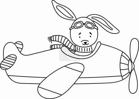 Ilustración de Página para colorear para niños con un piloto de conejito volando un avión, es un divertido libro para colorear creativo para niños con ilustraciones vectoriales - Imagen libre de derechos