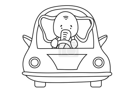 Illustration for Coloring Page For Kids: Elephant Driving A Car, r, Is A Fun And Creative Vector Illustration Coloring Book For Children - Royalty Free Image
