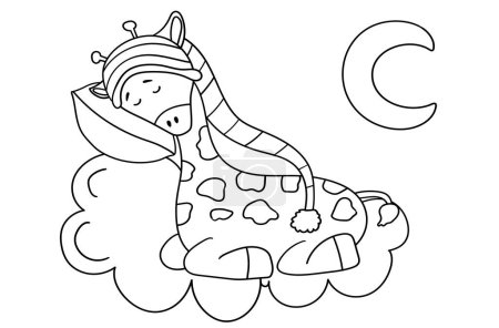Illustration for Coloring Page For Kids Featuring A Sleeping Giraffe In A Cap On A Cloud Pillow, Perfect For ChildrenS Creativity, And Comes As A Vector Illustration In A Coloring Book - Royalty Free Image
